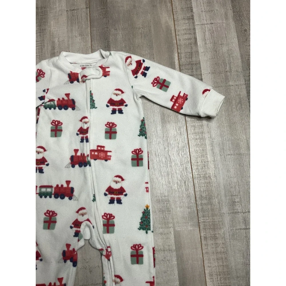 Carters Just One You Baby 9M Christmas Fleece Footed Sleeper Santa Train White
